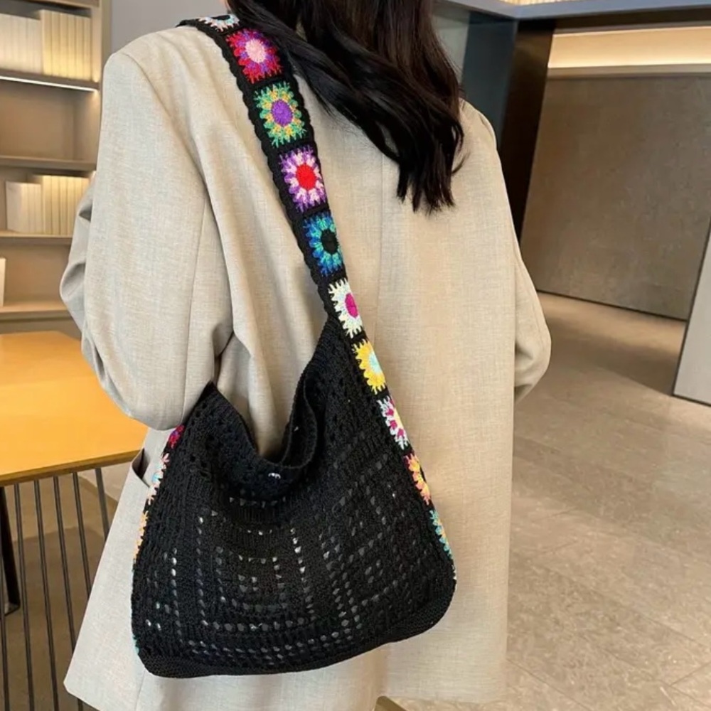 BLACK Granny Square Crochet Tote Bag